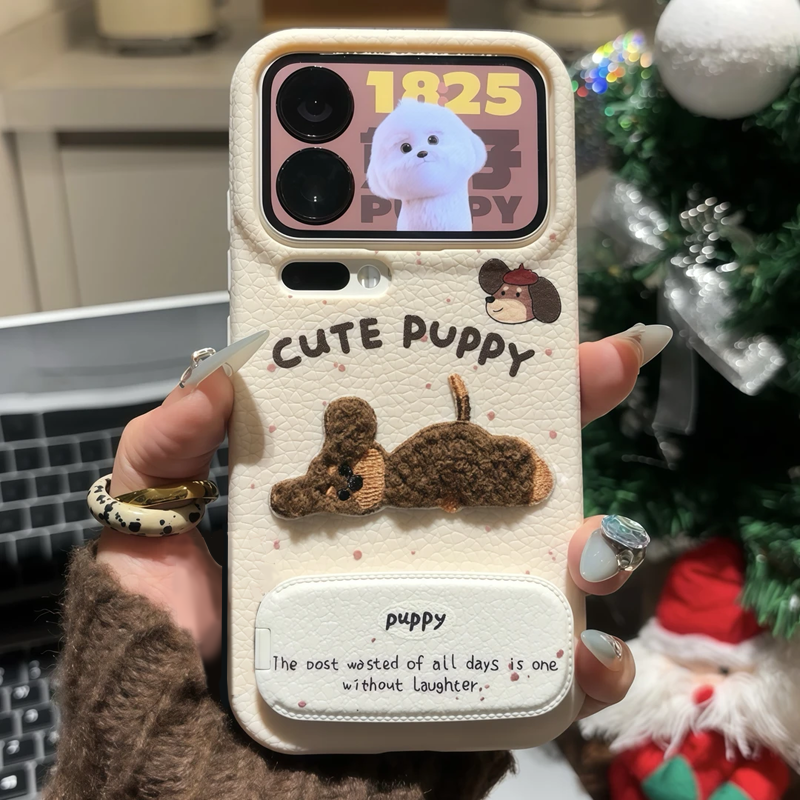 ZYL冬季刺绣小狗支架适用于oppo findx9/x8ultra/x7手机壳a97真我realmeGT7大仿皮13/12x/11pro女A6/a5Pro