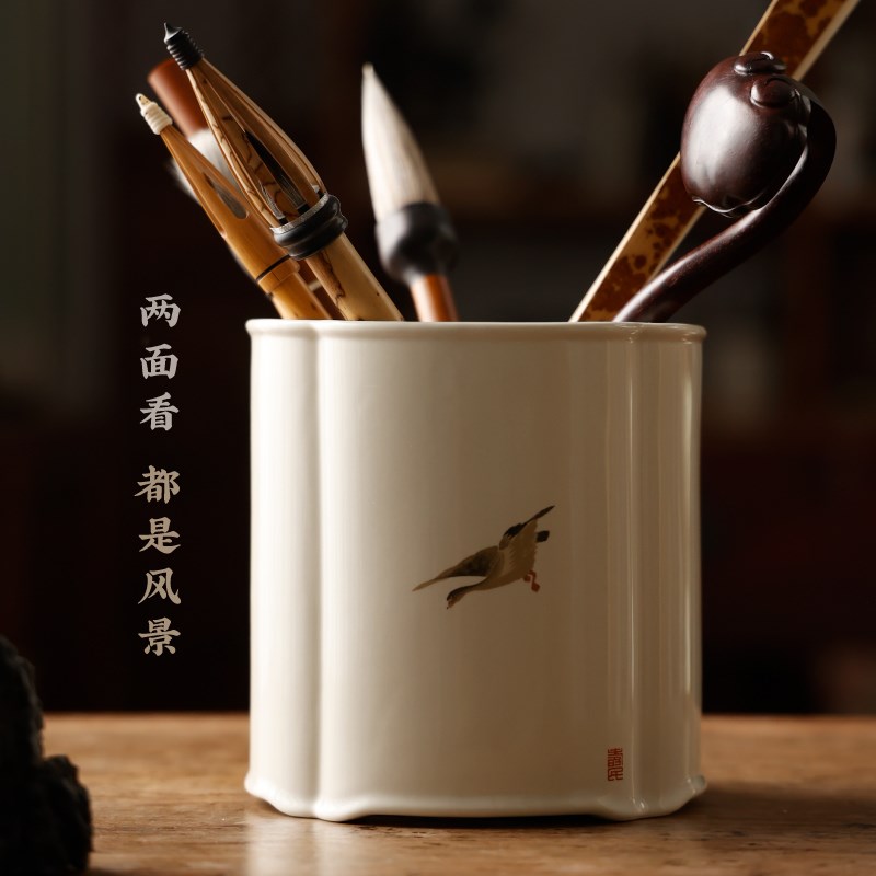 海棠影瓷笔筒 实用艺术r陶瓷器文房笔筒仿古寓意收纳收藏品小摆件