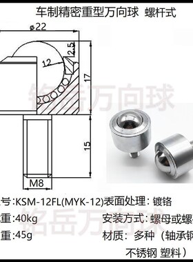 直筒万向球圆柱型KSM122530FL万向滚珠轴承螺杆不锈钢重型牛眼轮