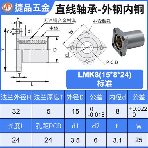 LMK6-60外钢内铜直线运动轴承方法兰自润滑轴承加长石墨铜套耐磨