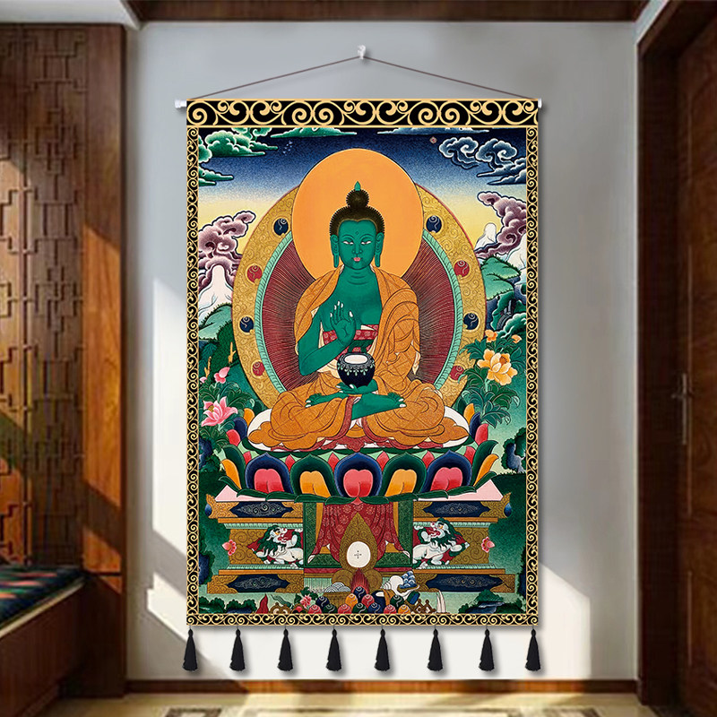 藏式唐卡黄财神佛像布艺挂画装饰画墙布玄关过道挂布背景布定制