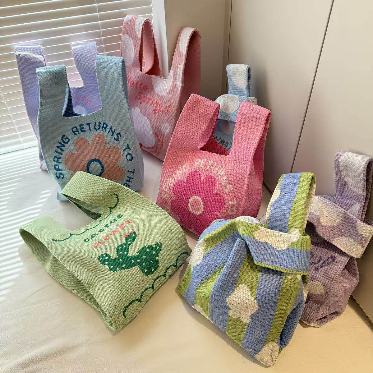 针织手提包女百搭植物印花小拎包便携上班便当袋手拿包