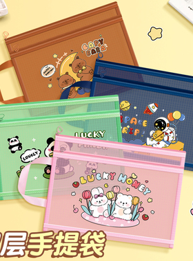 A4a5a6透明双层网纱文件袋卡皮巴拉小学生专用手提试卷收纳袋初中生文具铅笔袋补习拉链式资料袋学科目分类袋