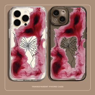 红色雾化蝴蝶手机壳苹果15promax血色iPhone14元素13图案12mini新款11透明8plus血se3全包xr小众xs适用ip7套x