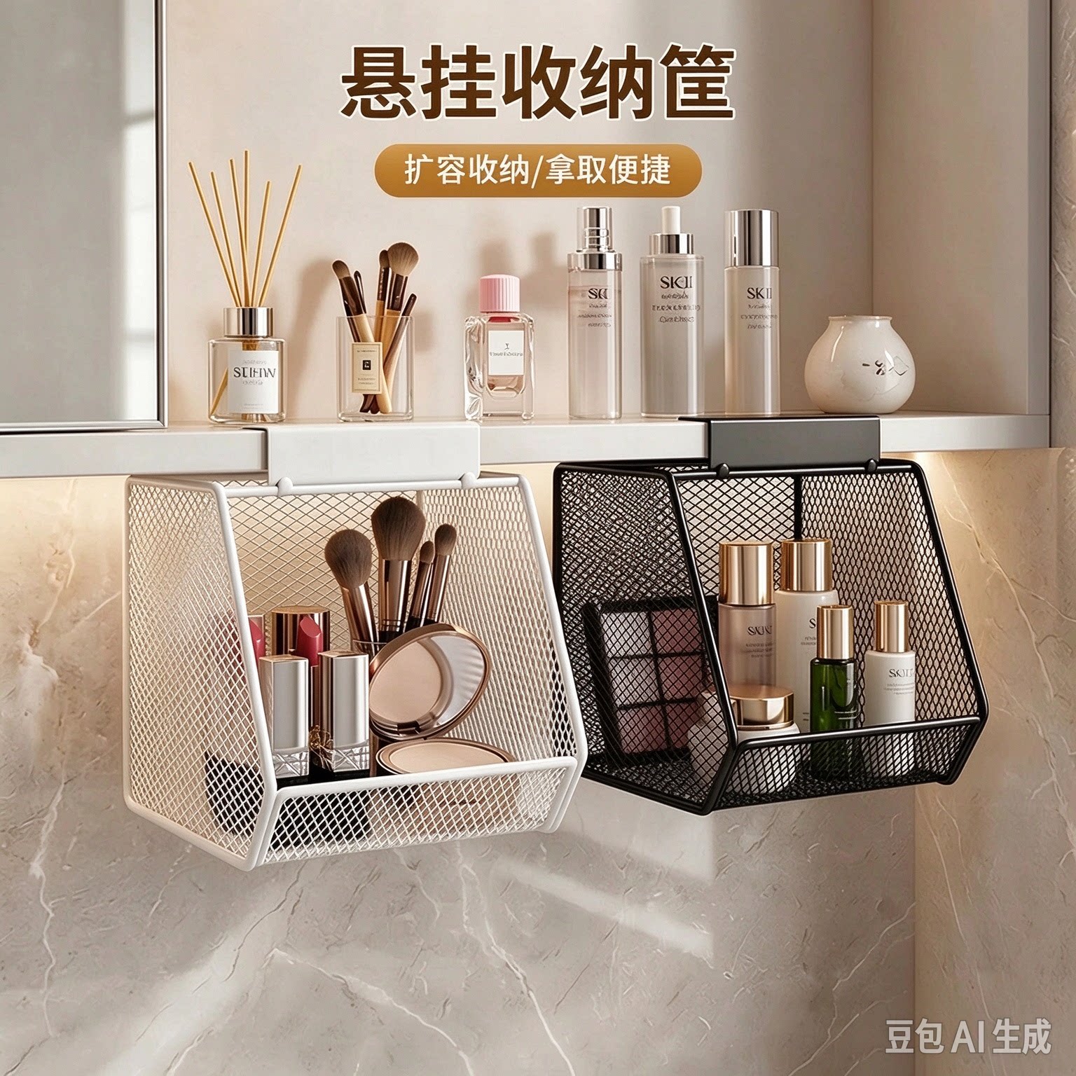 【下单立减50】悬挂收纳筐免打孔收纳篮浴室洗漱用品化妆品置物筐