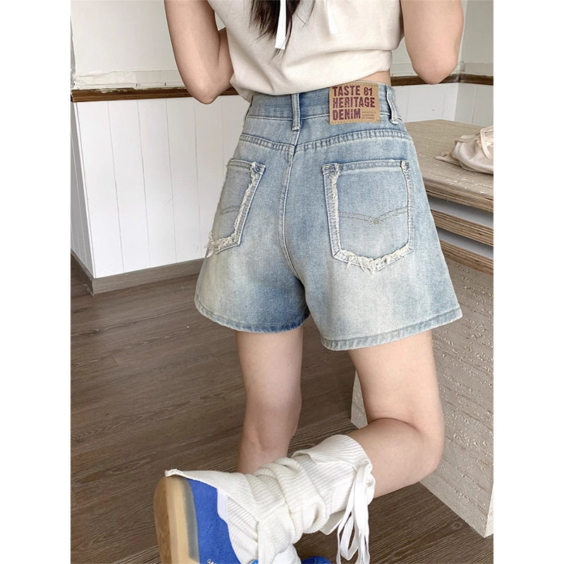 复古高腰牛仔阔腿短裤女热卖爆款夏季大码宽松显瘦毛边热裤胖mm