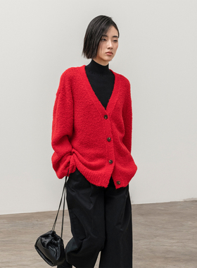 322WORKHOUSE羊驼毛红色外套女2024新款秋冬宽松慵懒开衫毛衣B505
