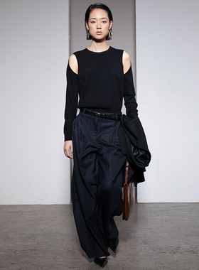 322WORKHOUSE纯山羊绒针织圆领套头衫女2024新款早秋挖肩上衣B402