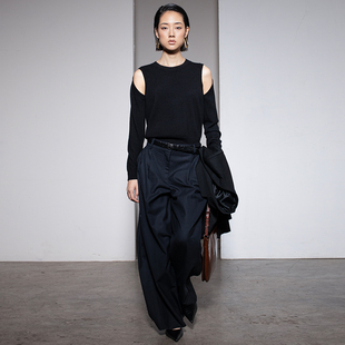 322WORKHOUSE纯山羊绒针织圆领套头衫 早秋挖肩上衣B402 女2024新款