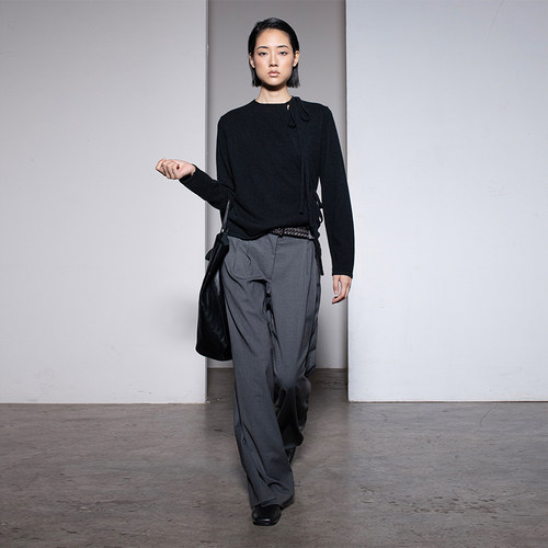 长袖开衫圆领不对称绑带羊绒衫女