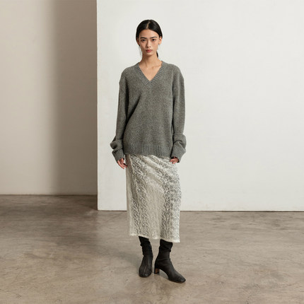 322WORKHOUSE羊毛蕾丝半身裙女2025新款春季直筒开衩长裙子R586