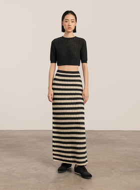 322WORKHOUSE针织半身裙女士2024新款春秋条纹镂空松高腰裙B316