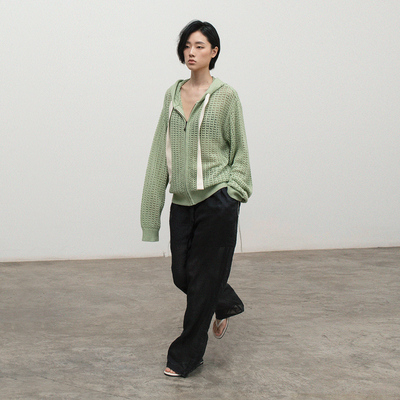 322WORKHOUSE汉麻棉镂空连帽开衫