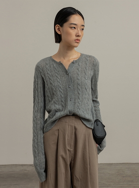 322WORKHOUSE纯山羊绒针织开衫2025新款秋冬纯色绞花圆领外套B154