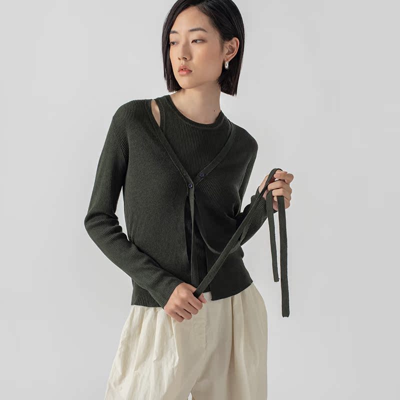 322WORKHOUSE丝羊绒针织系带开衫