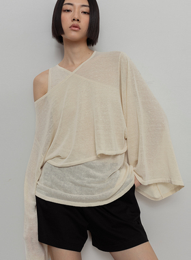 322WORKHOUSE长袖上衣女2025新款春秋斜肩垂感透视叠穿针织衫B378