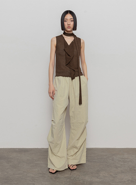 322WORKHOUSE棕色荡领针织上衣女2025新款夏季宽松不规则背心B336