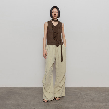 322WORKHOUSE棕色荡领针织上衣女2025新款夏季宽松不规则背心B336