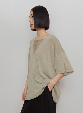 322WORKHOUSEv领T恤春秋镂空针织上衣女士2024新款设计感短袖B334