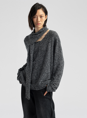 322WORKHOUSE羊毛灰色长袖针织衫女士2025新款秋季设计感上衣B778