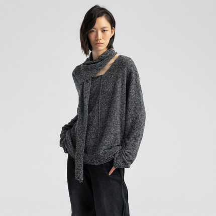 322WORKHOUSE羊毛灰色长袖针织衫女士2025新款秋季设计感上衣B778