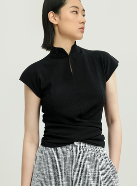 322WORKHOUSE立领T恤女2025新款春夏薄款飞袖中式绑带针织衫B269