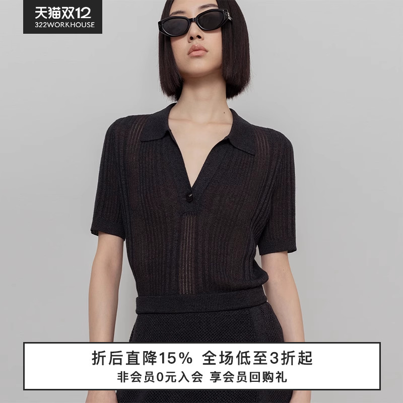 套头polo领针织短袖T恤女