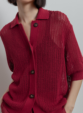 322WORKHOUSE红色Polo领长袖女士2025新款红色宽松针织开衫B330