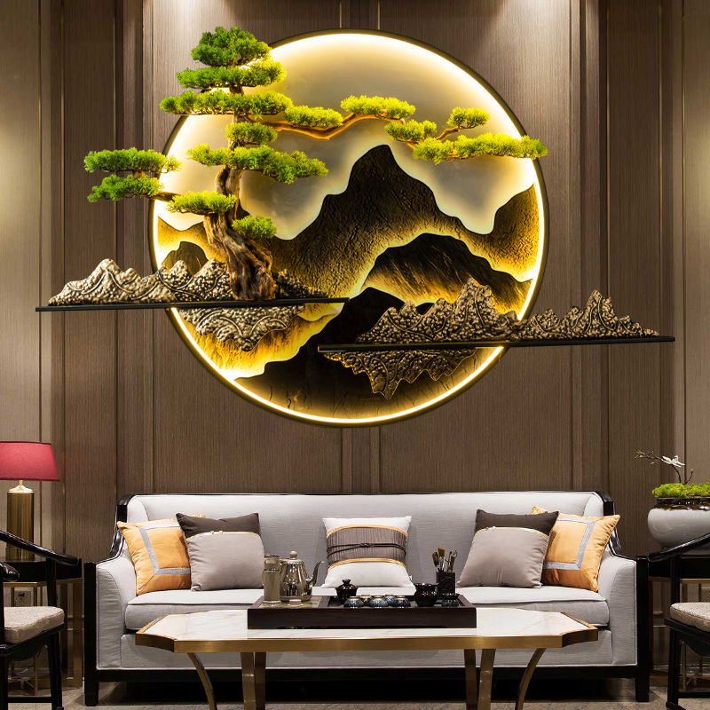 新中式客厅沙发背景墙现代装饰画带灯迎客松挂件圆形茶室玄关壁画图片