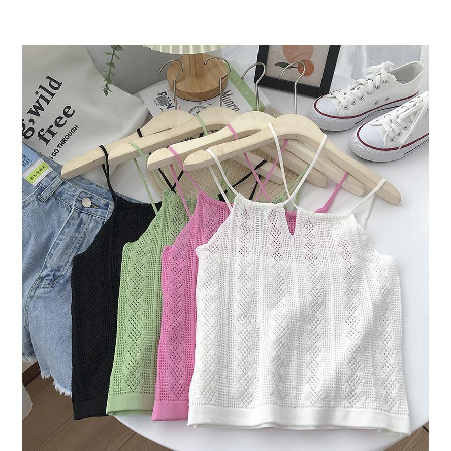 Women Green Cross Halter ops Hollow Out Knitted Solid Croppe