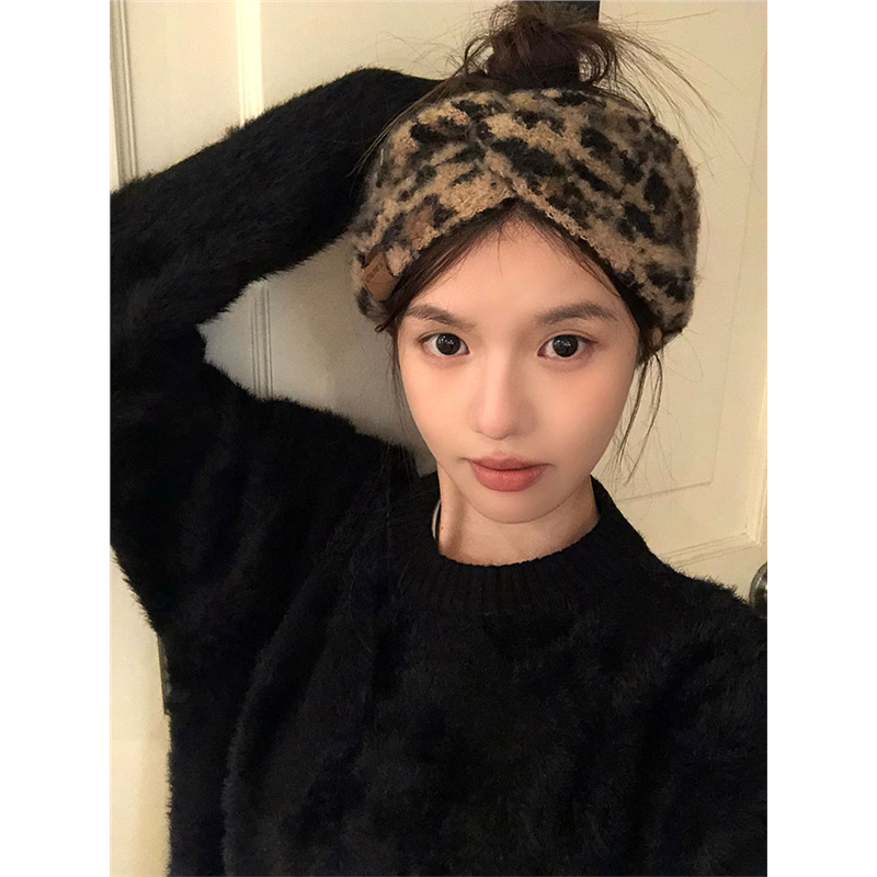 复古豹纹针织洗脸发带女秋