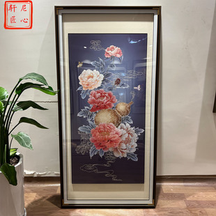 饰画 入户玄关挂画装 富贵牡丹福禄铜雕挂画纯手工中式 走廊过道竖版