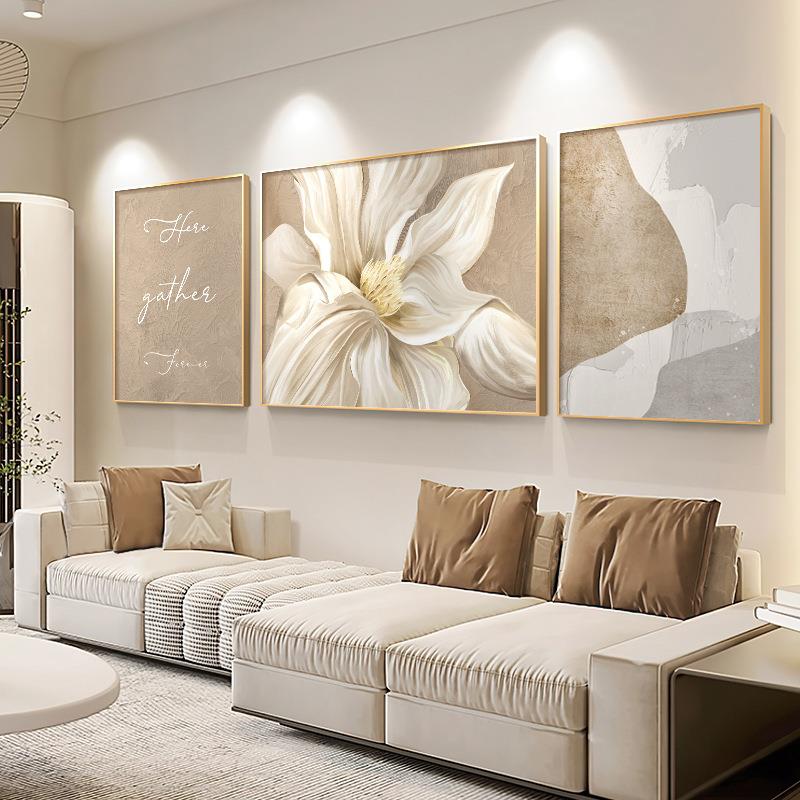 咖色奶油风客厅装饰画现代简约沙发背景墙壁画抽象肌理感三联挂画