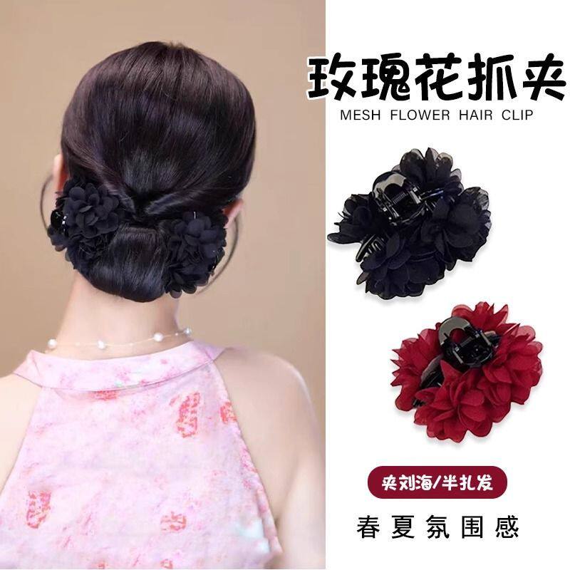 黑色玫瑰花朵抓夹女后脑勺发量