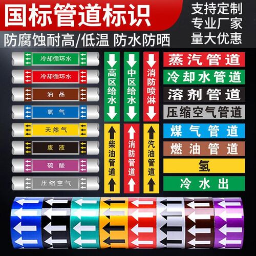 工业管道气体流向反光标识贴 管道色环介质流向箭头标签 管道标识