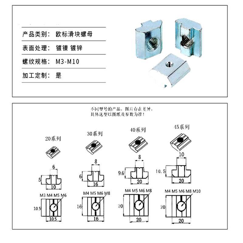 欧标国标铝型材滑块螺母T型后装预埋方形螺帽20304045-M3M4M5M6M8