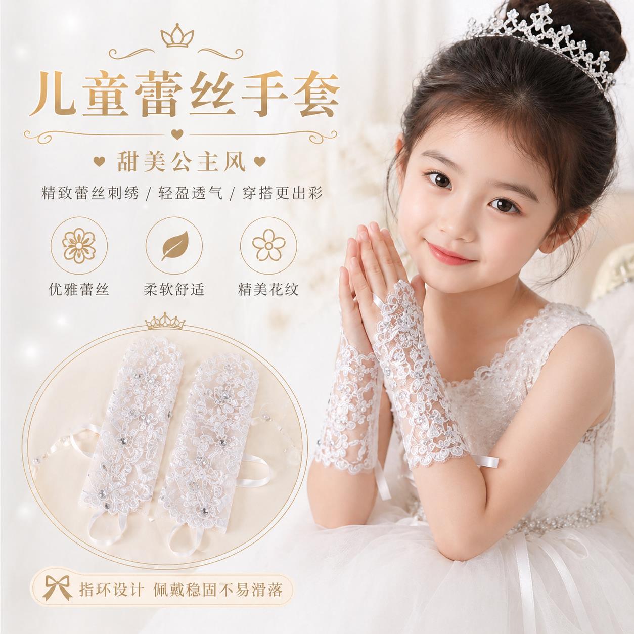 蕾丝手套儿童婚纱礼服公主女孩演出礼仪舞蹈花童生日五指手腕装饰