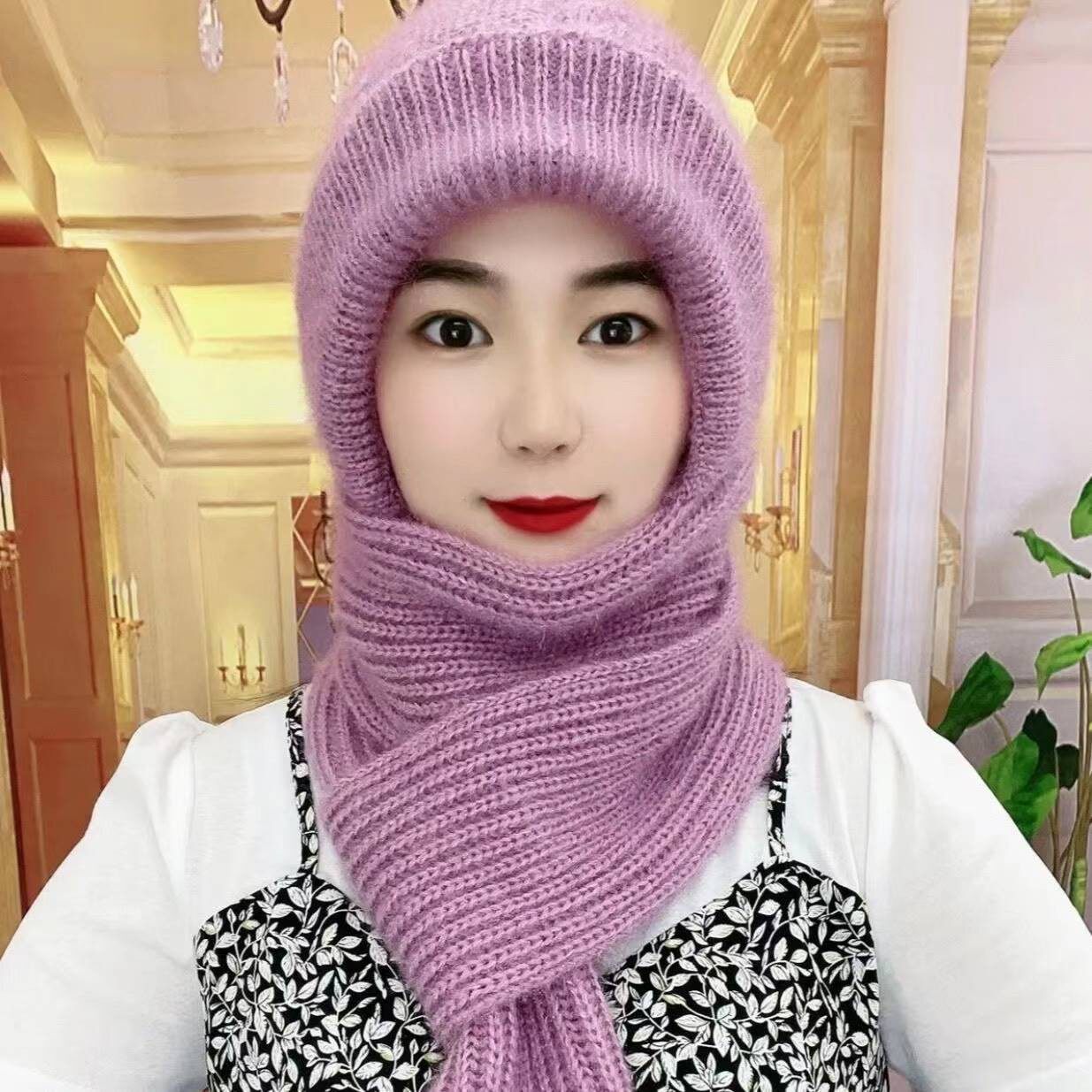 帽子围巾一体加绒加厚风雪帽秋冬新款松鼠绒毛线编织女保暖网红帽