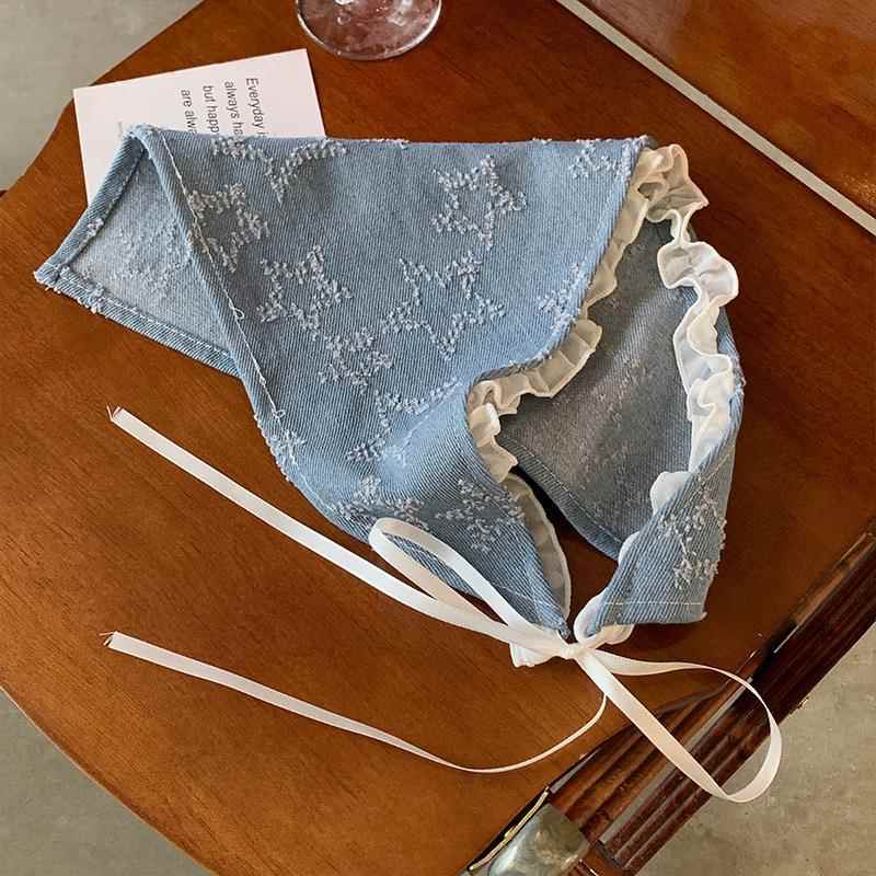 星星牛仔蓝头巾街头甜辣妹少女发带蕾丝花边绑带三角巾百搭头饰潮