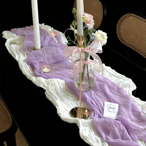 紫色桌布法式复古蕾丝甜品台长条桌旗纱绉布结婚生日桌面场景布置