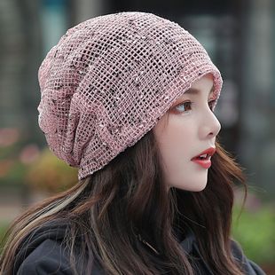 【4510人收藏】缕空薄款帽子网状透气包头帽时尚堆堆帽双层露马尾