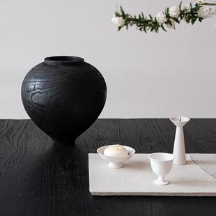 侘寂中古圆形花瓶木质水培鲜花插花客厅餐桌装饰摆饰轻奢高级黑色