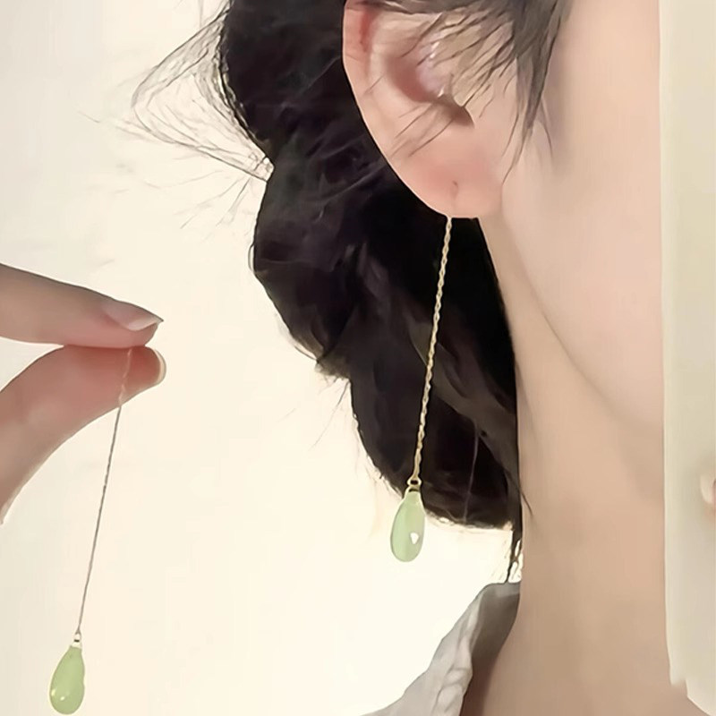 新中式绿色水滴流苏耳线女2026新款高级感民族风复古长款气质耳环