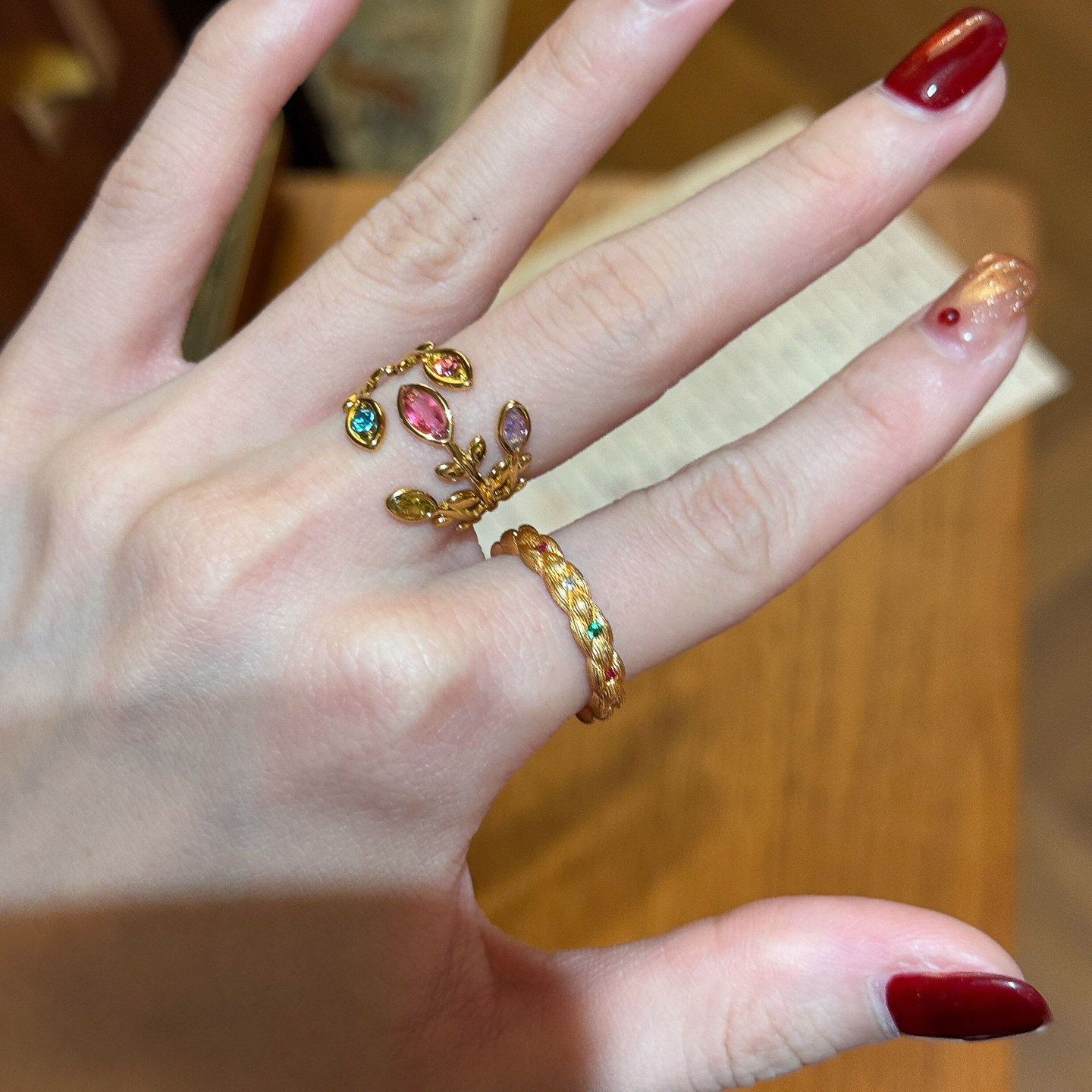 vintage中古花卉枝叶开口戒指女小众设计麻花编织复古叠戴食指戒