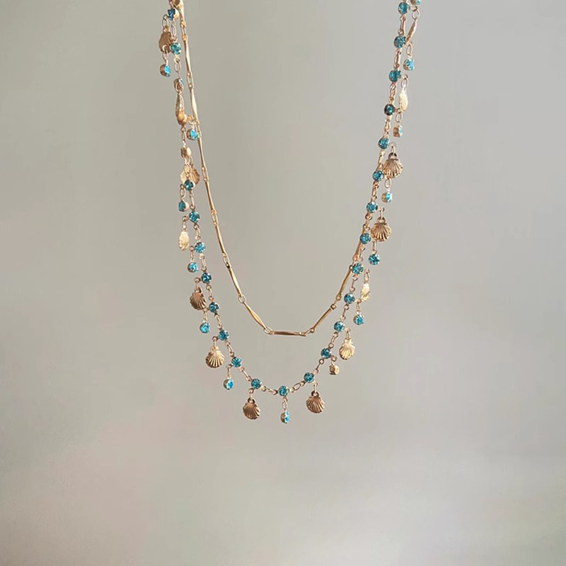 法式复古蓝锆石贝壳流苏项链女款