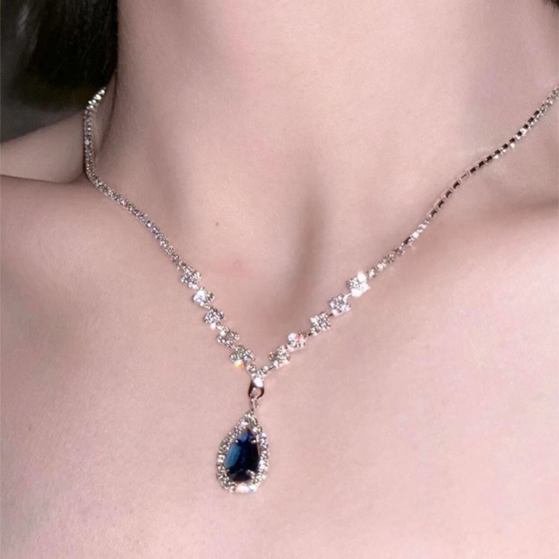 爆闪墨蓝色水滴满钻项链2025新款