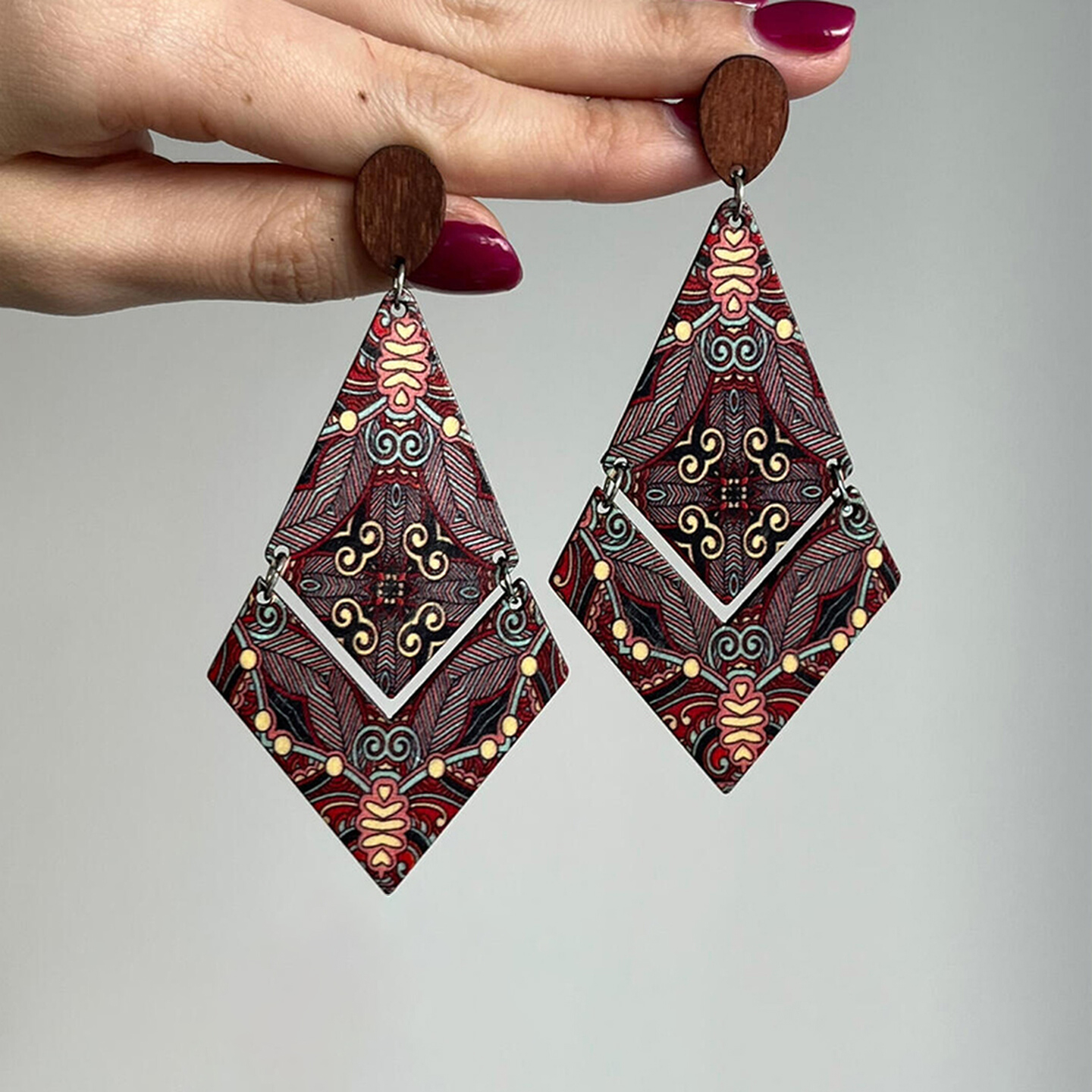 民族风复古红棕色菱形耳钉女2025