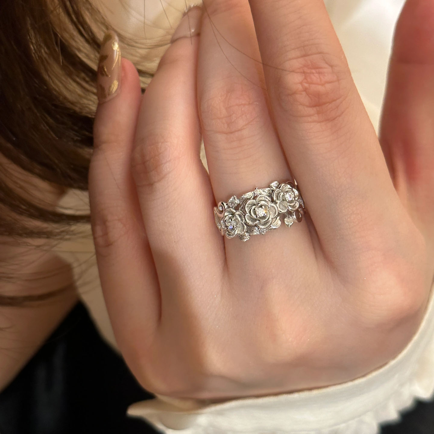 中古拉丝立体玫瑰花戒指2025新款