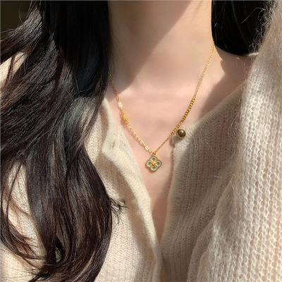 新中式金色珐琅四叶花项链女款