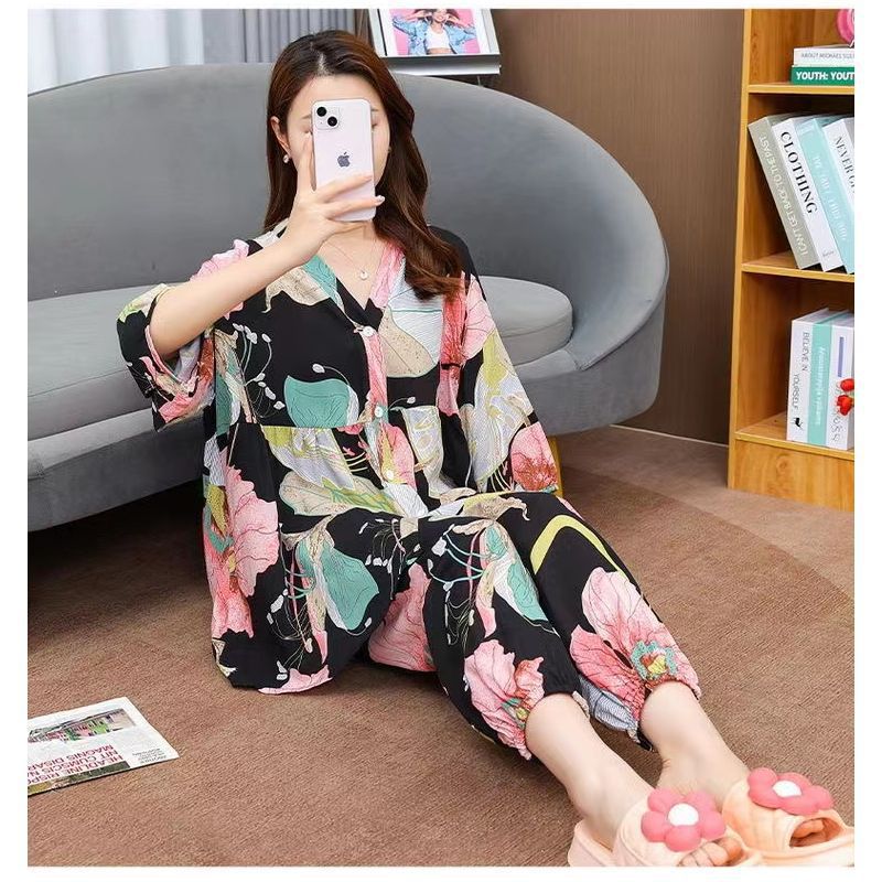 绵绸睡衣女夏宽松灯笼袖空调套装